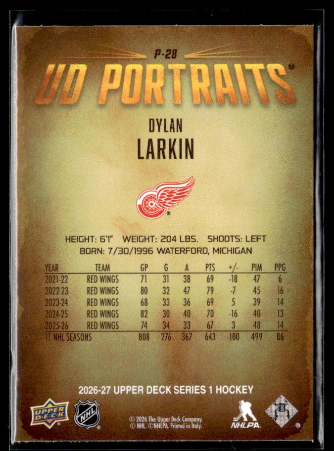 2026-27 Upper Deck Series 1 Hockey UD Portraits #P-28 Dylan Larkin (2)
