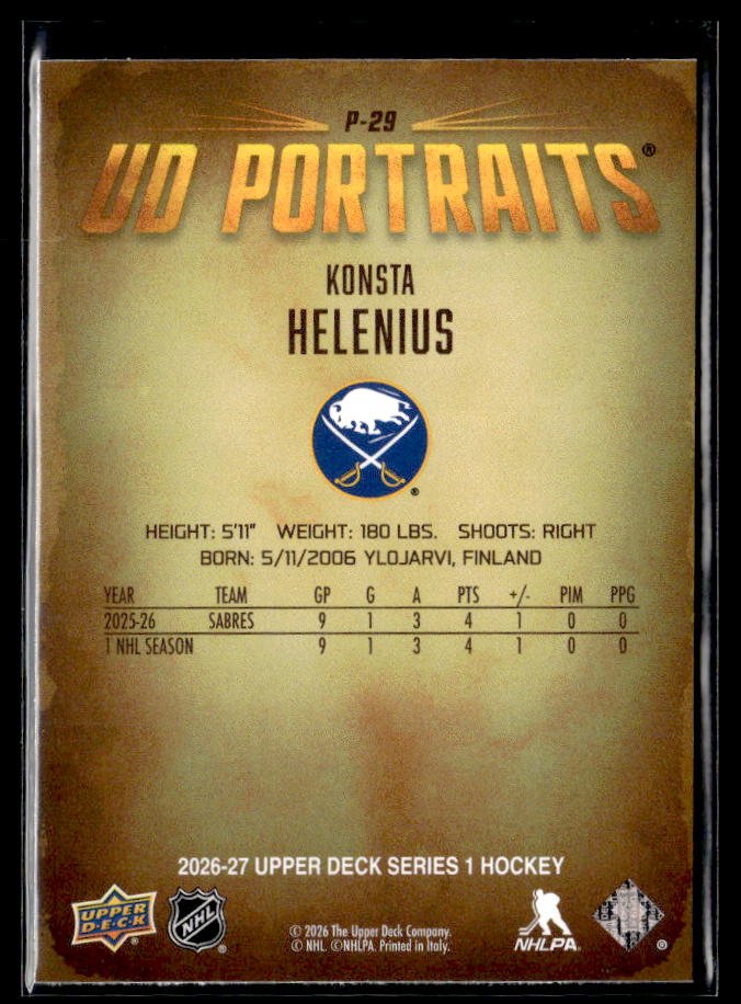2026-27 Upper Deck Series 1 Hockey UD Portraits #P-29 Konsta Helenius (2)