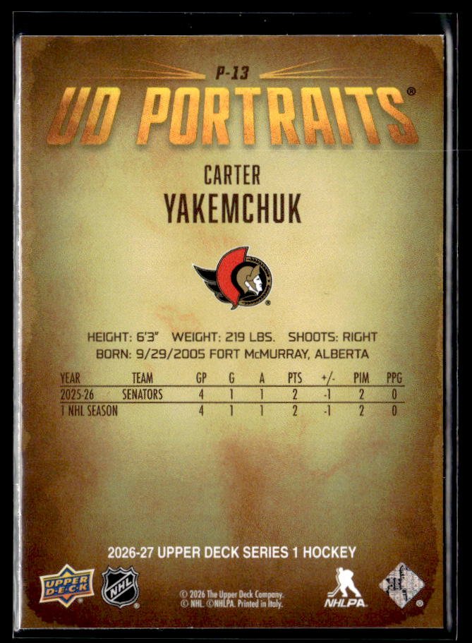 2026-27 Upper Deck Series 1 Hockey UD Portraits #P-13 Carter Yakemchuk (2)