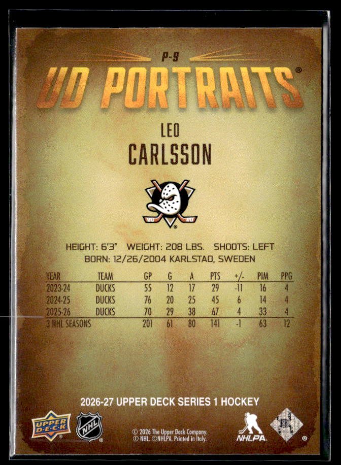 2026-27 Upper Deck Series 1 Hockey UD Portraits #P-9 Leo Carlsson (2)