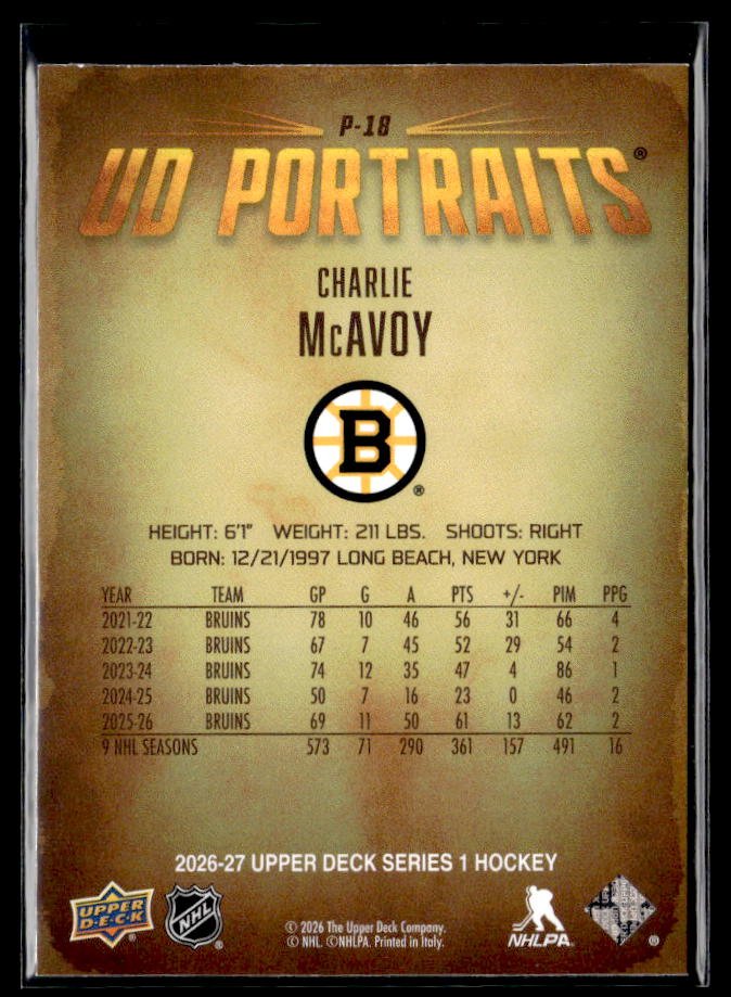 2026-27 Upper Deck Series 1 Hockey UD Portraits #P-18 Charlie McAvoy (2)