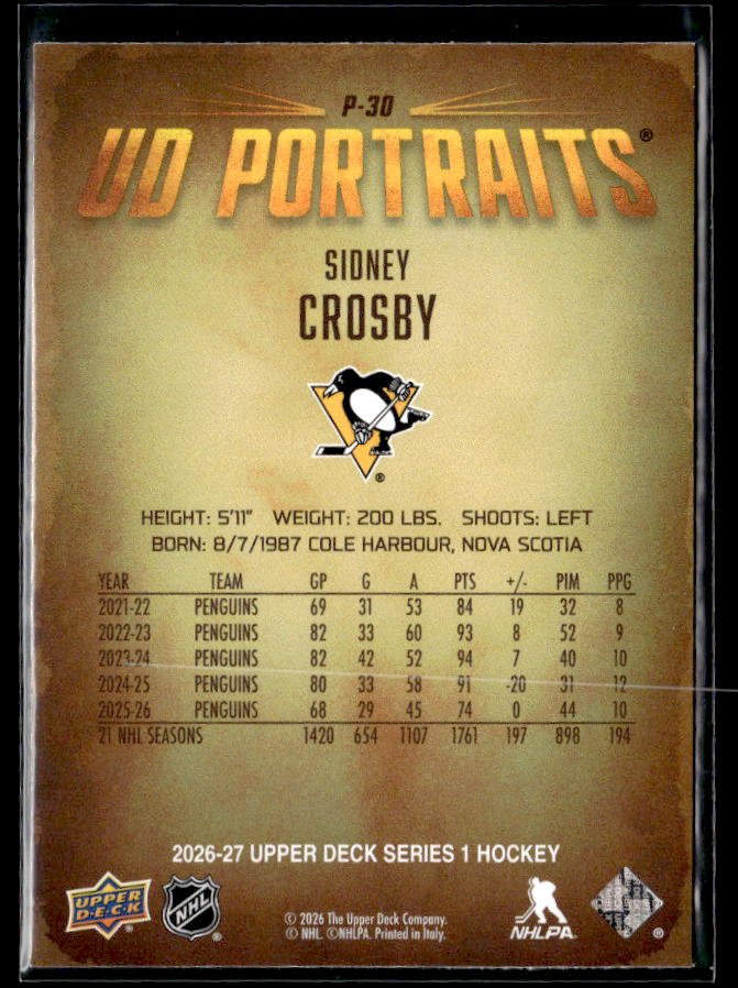 2026-27 Upper Deck Series 1 Hockey UD Portraits #P-30 Sidney Crosby (2)