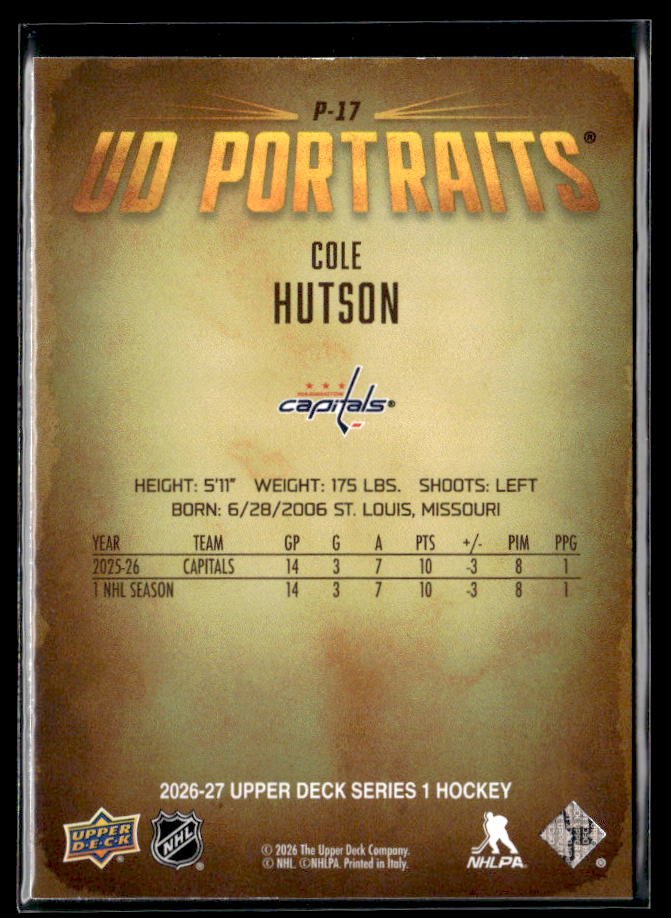 2026-27 Upper Deck Series 1 Hockey UD Portraits #P-17 Cole Hutson (2)