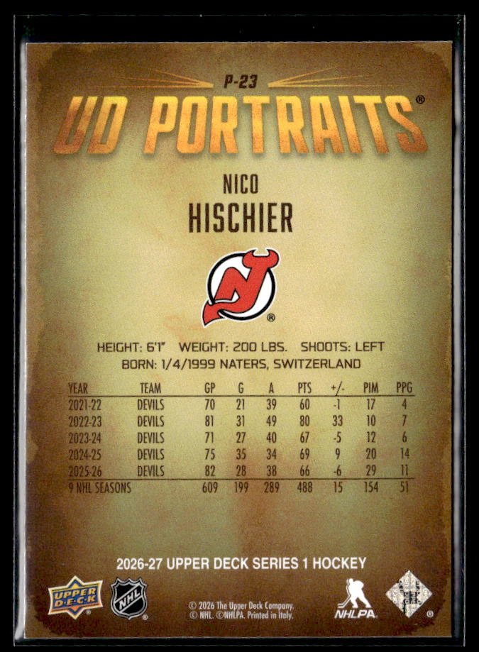 2026-27 Upper Deck Series 1 Hockey UD Portraits #P-23 Nico Hischier (2)