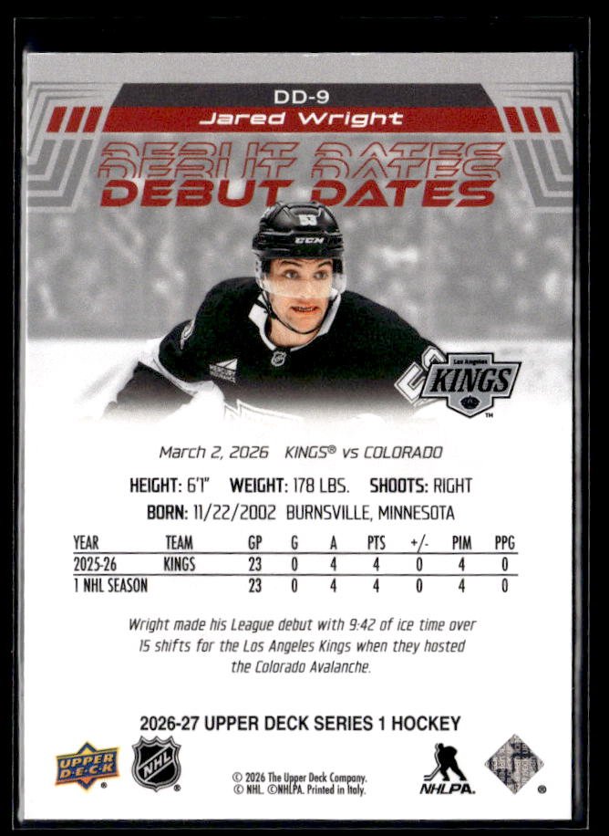 2026-27 Upper Deck Series 1 Hockey Debut Dates #DD-9 Jared Wright RC (2)