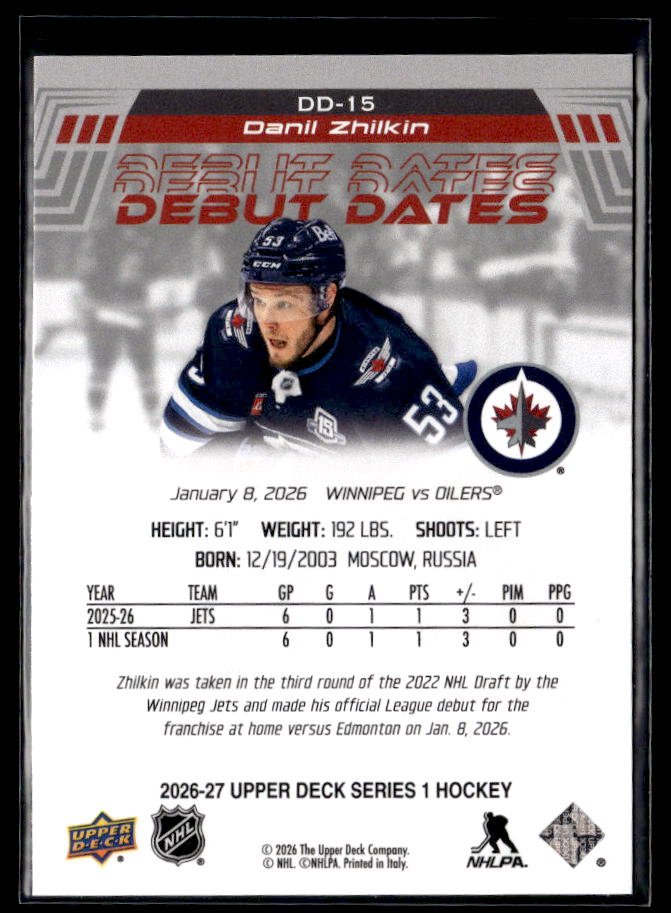 2026-27 Upper Deck Series 1 Hockey Debut Dates #DD-15 Danil Zhilkin RC (2)