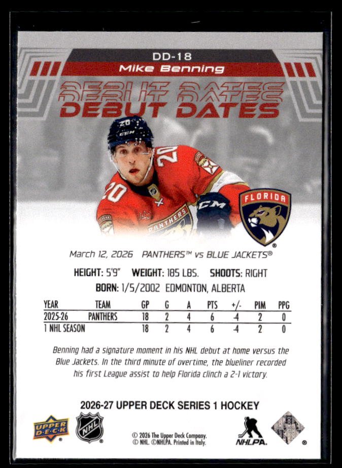 2026-27 Upper Deck Series 1 Hockey Debut Dates #DD-18 Mike Benning RC (2)