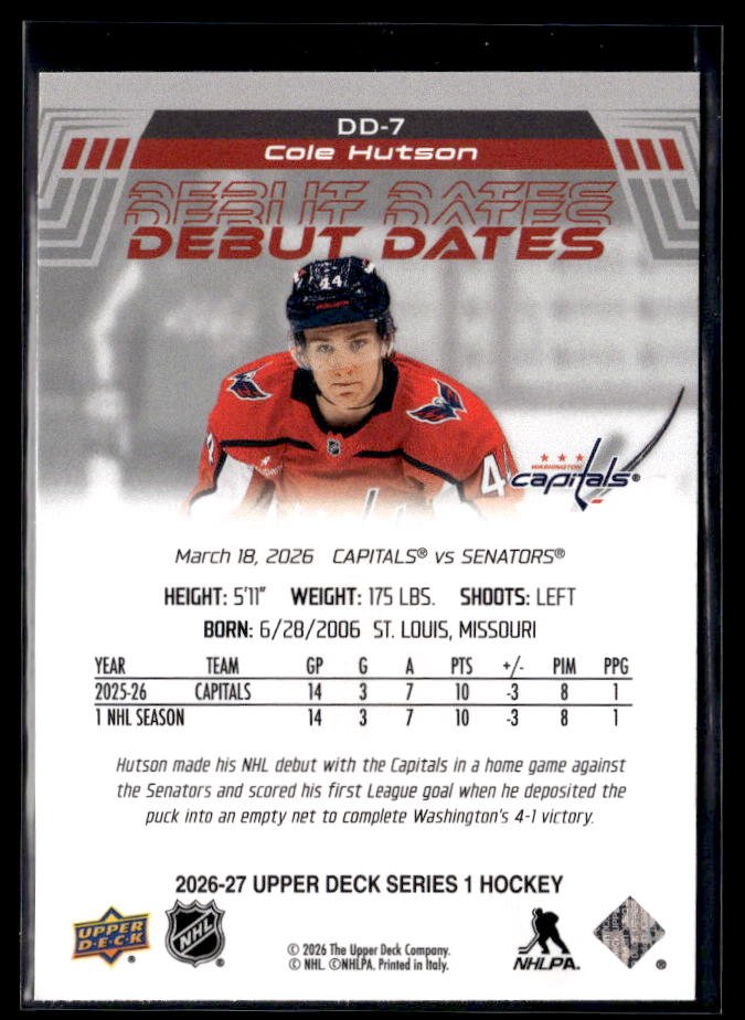 2026-27 Upper Deck Series 1 Hockey Debut Dates #DD-7 Cole Hutson RC (2)