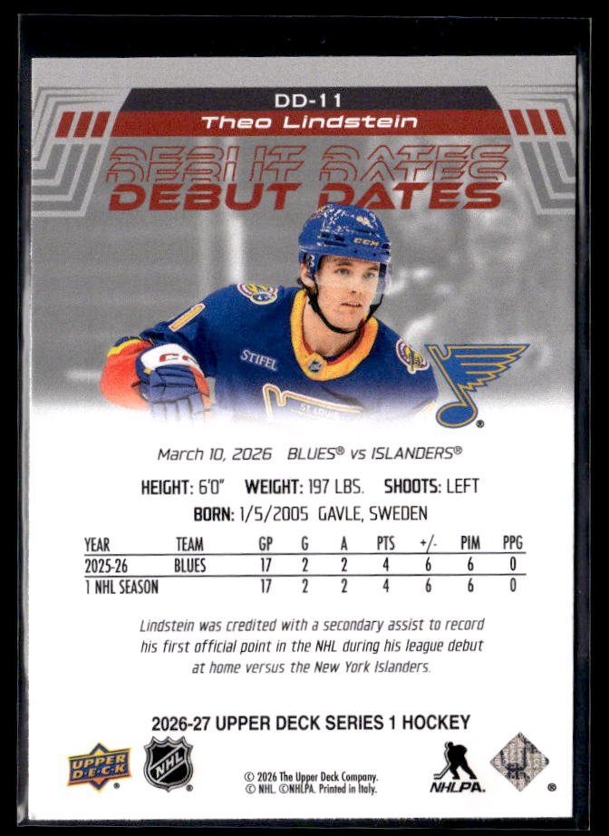 2026-27 Upper Deck Series 1 Hockey Debut Dates #DD-11 Theo Lindstein RC (2)