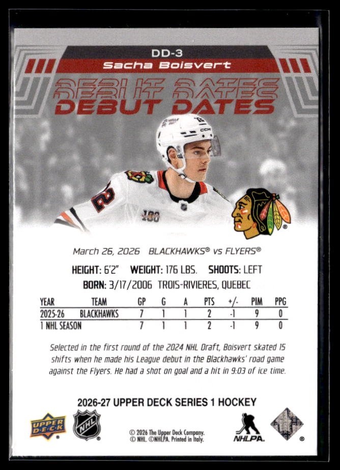 2026-27 Upper Deck Series 1 Hockey Debut Dates #DD-3 Sacha Boisvert RC (2)