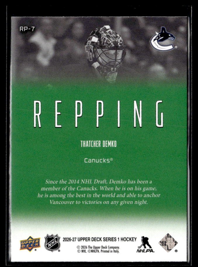 2026-27 Upper Deck Series 1 Hockey Repping #RP-7 Thatcher Demko (2)