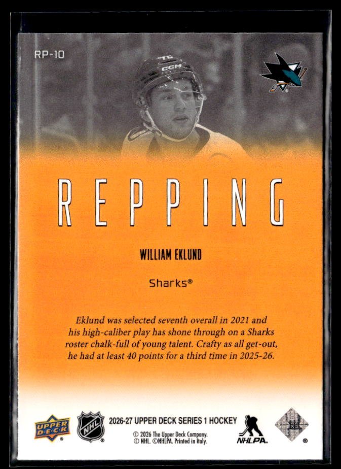 2026-27 Upper Deck Series 1 Hockey Repping #RP-10 William Eklund (2)