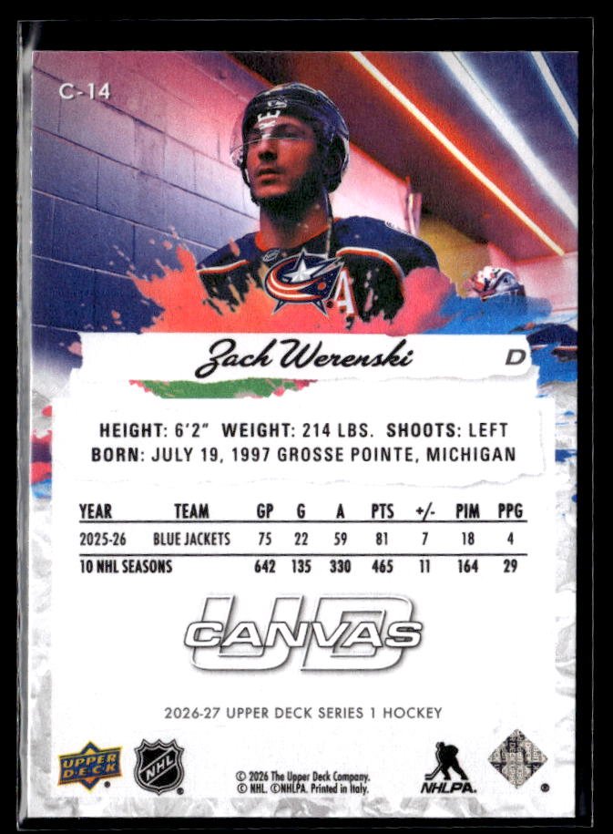 2026-27 Upper Deck Series 1 Hockey Canvas #C-14 Zach Werenski (2)