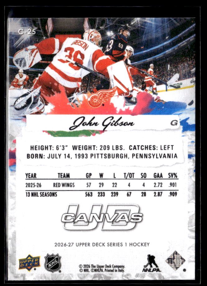 2026-27 Upper Deck Series 1 Hockey Canvas #C 25 John Gibson (2)