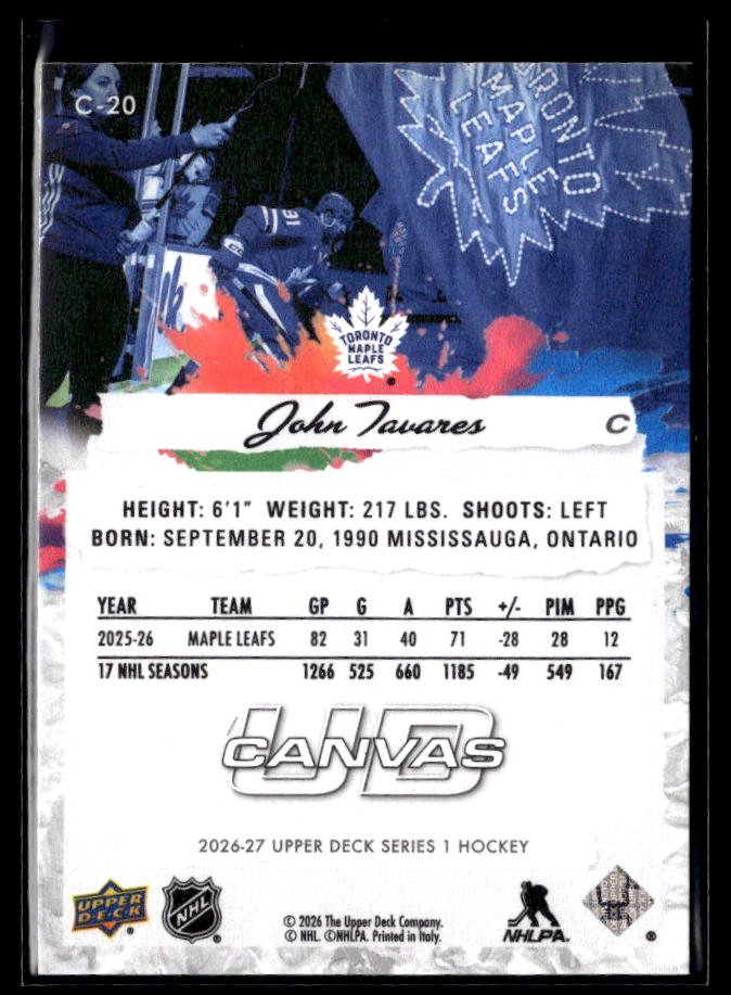 2026-27 Upper Deck Series 1 Hockey Canvas #C-20 John Tavares (2)
