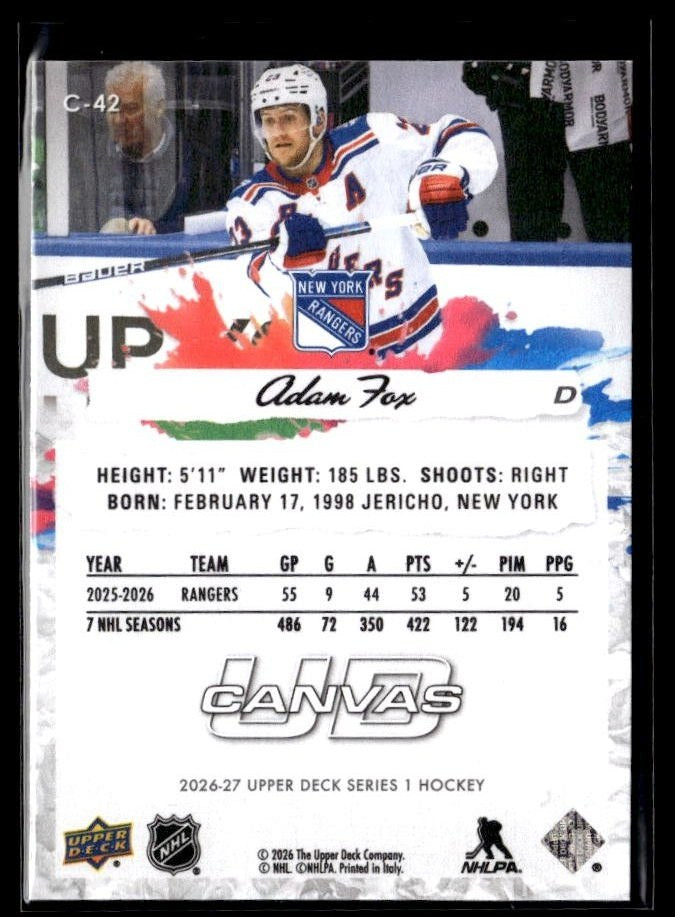 2026-27 Upper Deck Series 1 Hockey Canvas #C-42 Adam Fox (2)