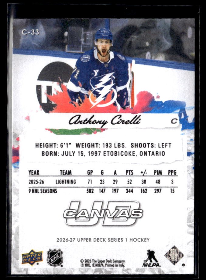 2026-27 Upper Deck Series 1 Hockey Canvas #C-33 Anthony Cirelli (2)