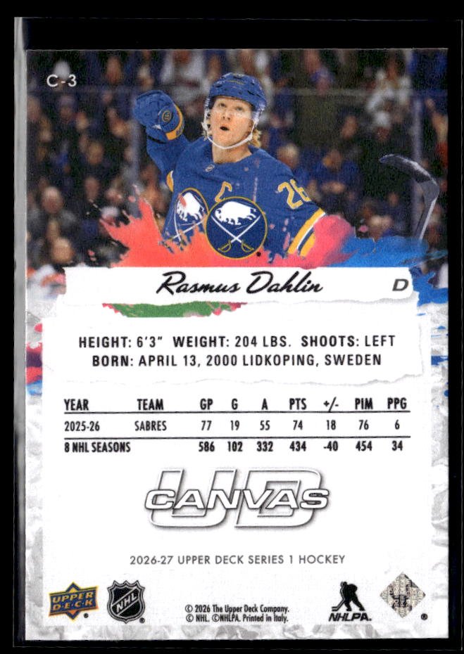 2026-27 Upper Deck Series 1 Hockey Canvas #C-3 Rasmus Dahlin (2)