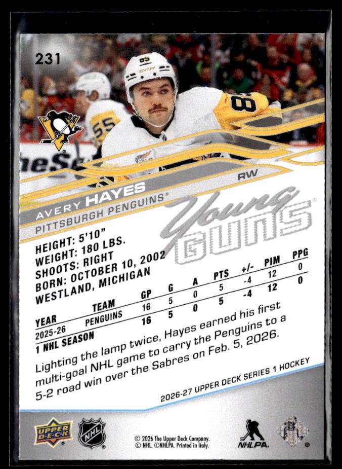 2026-27 Upper Deck Series 1 Hockey Young Guns #231 Avery Hayes (2)