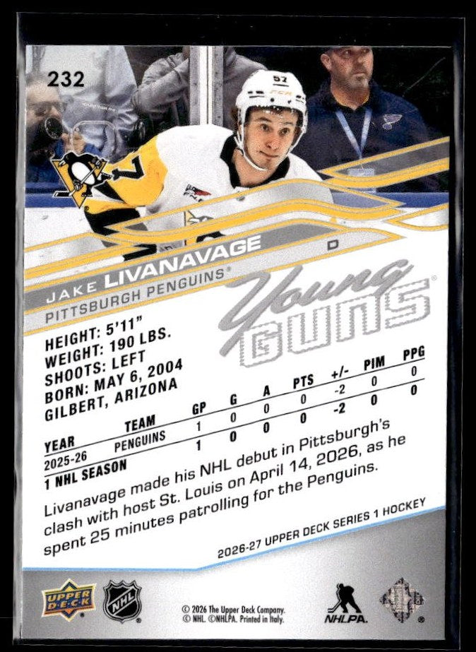 2025-26 Upper Deck Series 1 Hockey Young Guns #232 Jake Livanavage (2)