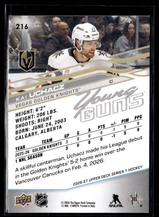 2025-26 Upper Deck Series 1 Hockey Young Guns #216 Kai Uchacz (2)