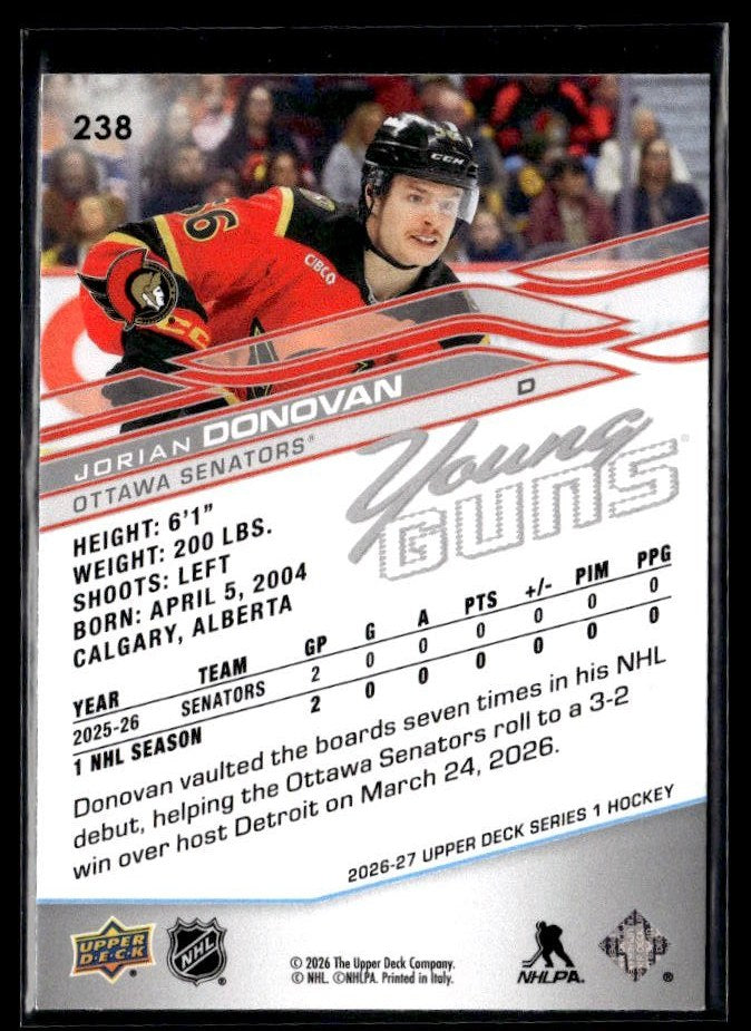 2026-27 Upper Deck Series 1 Hockey Young Guns #238 Jordan Donovan (2)