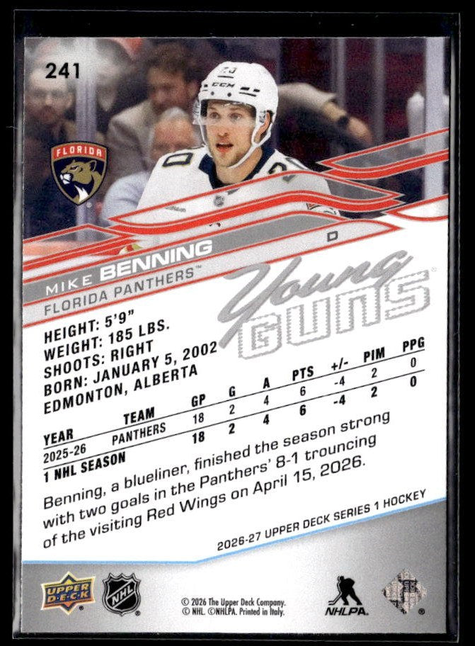 2025-26 Upper Deck Series 1 Hockey Young Guns #241 Mike Benning (2)