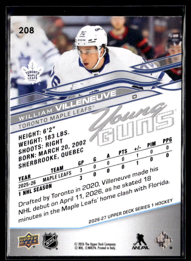 2026-27 Upper Deck Series 1 Hockey Young Guns #208 William Villeneuve (2)
