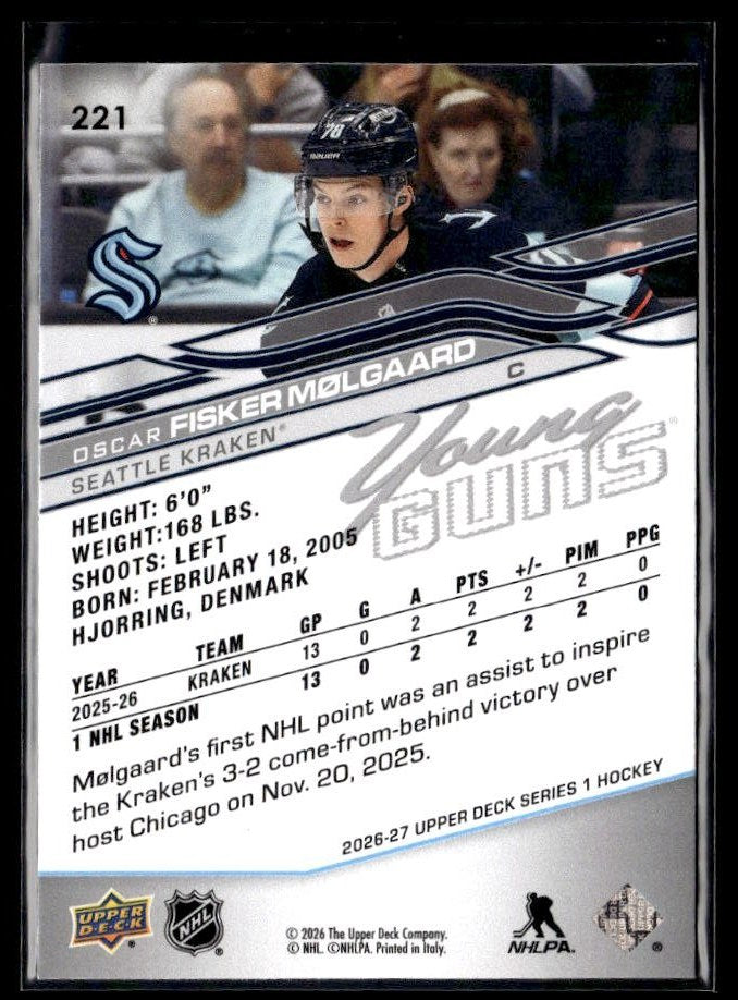 2026-27 Upper Deck Series 1 Hockey Young Guns #221 Oscar Fisker Mølgaard (2)