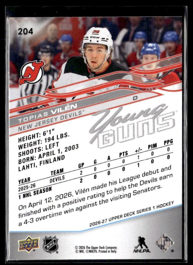 2026-27 Upper Deck Series 1 Hockey Young Guns #204 Tomas Vilen (2)