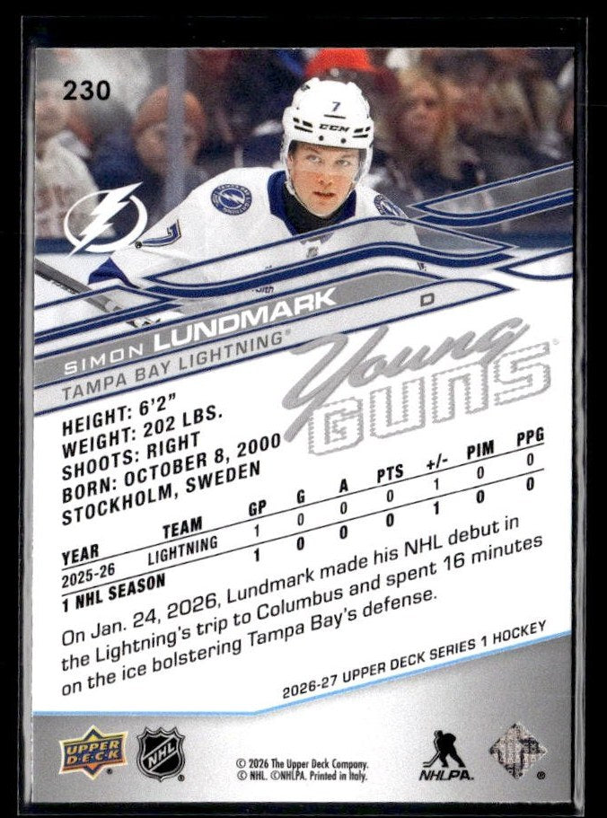 2026-27 Upper Deck Series 1 Hockey Young Guns #230 Simon Lundmark (2)