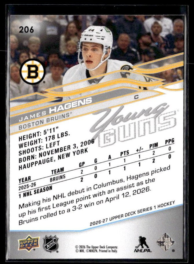 2025-26 Upper Deck Series 1 Hockey Young Guns #206 James Hagens (2)