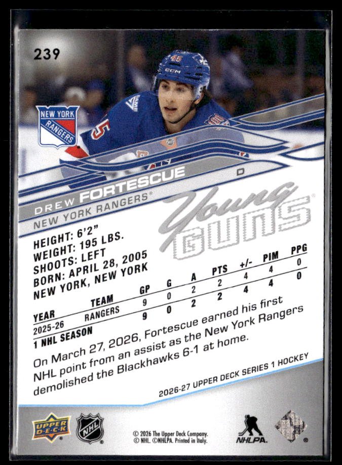 2026-27 Upper Deck Series 1 Hockey Young Guns #239 Drew Fortescue (2)