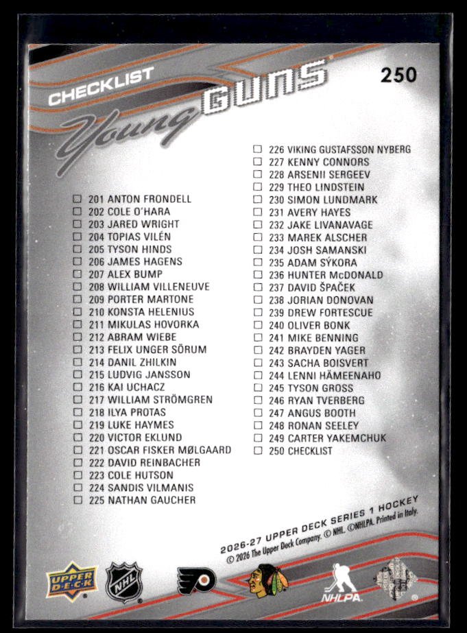 2026-27 Upper Deck Series 1 Hockey Young Guns #250 Anton Frondell (2)