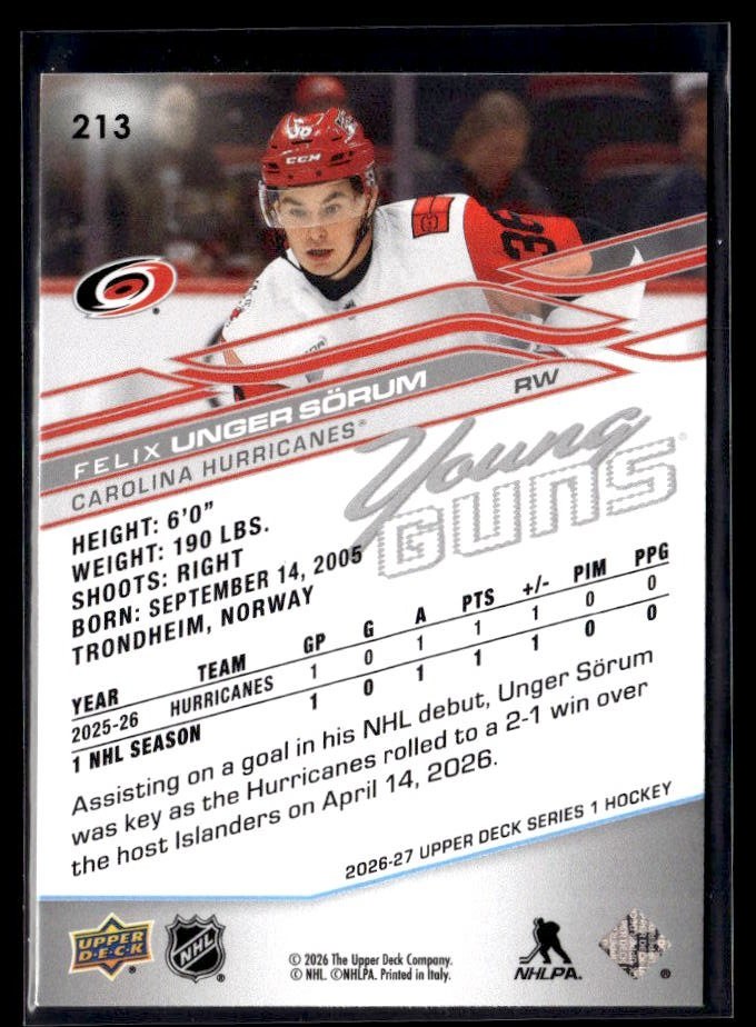 2020-21 Upper Deck Series 1 Hockey Young Guns #213 Felix Unger Sorum (2)