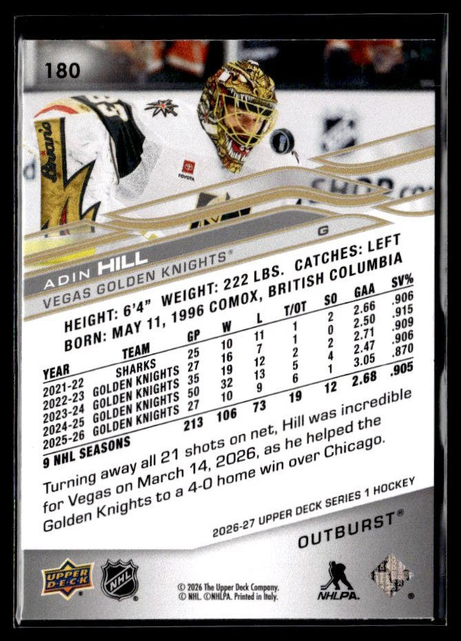 2026-27 Upper Deck Series 1 Hockey Outburst #180 Adin Hill (2)