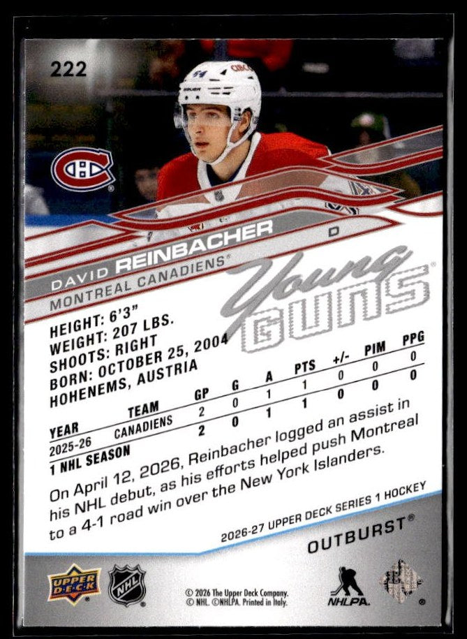 2026-27 Upper Deck Series 1 Hockey Young Guns Outburst #222 David Reinbacher (2)