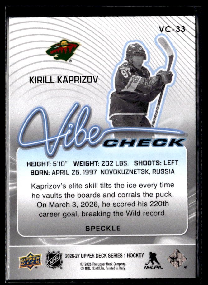 2026-27 Upper Deck Series 1 Hockey Vibe Check Speckle #VC-33 Kirill Kaprizov (2)