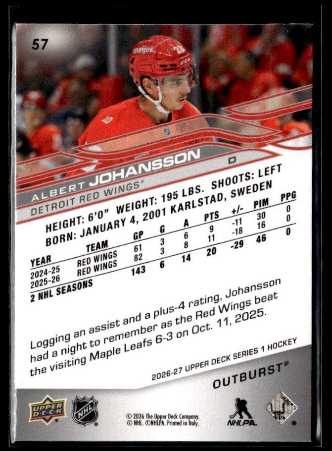 2026-27 Upper Deck Series 1 Hockey Outburst #57 Albert Johansson (2)