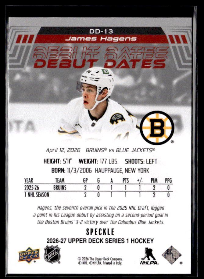 2026-27 Upper Deck Series 1 Hockey Debut Dates Speckle #DD-13 James Hagens RC (2)