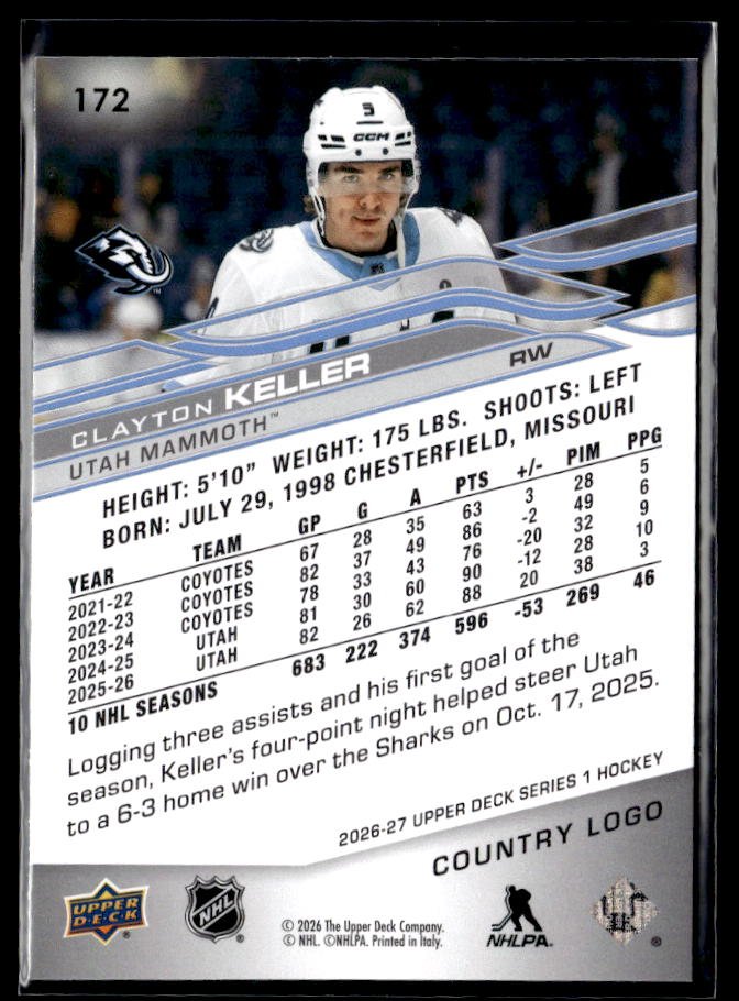 2026-27 Upper Deck Series 1 Hockey Country Logo #172 Clayton Keller (2)