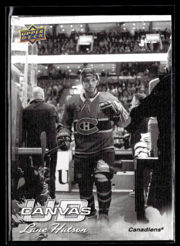 2026-27 Upper Deck Series 1 Black & White Canvas #C-61 Lane Hutson # Canvas hockey card from Upper Deck