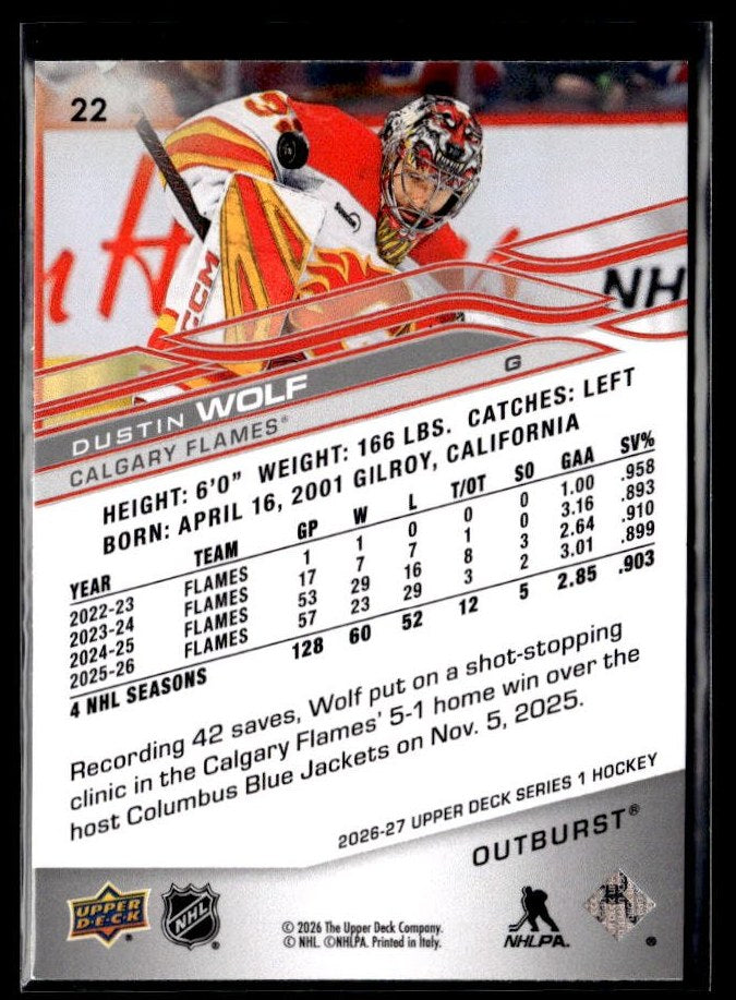 2026-27 Upper Deck Series 1 Hockey Outburst #128 Dustin Wolf (2)