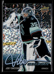 2026-27 Upper Deck Series 1 Hockey Vibe Check Speckle #VC-6 Joey Daccord # Vibe Check hockey card from Upper Deck