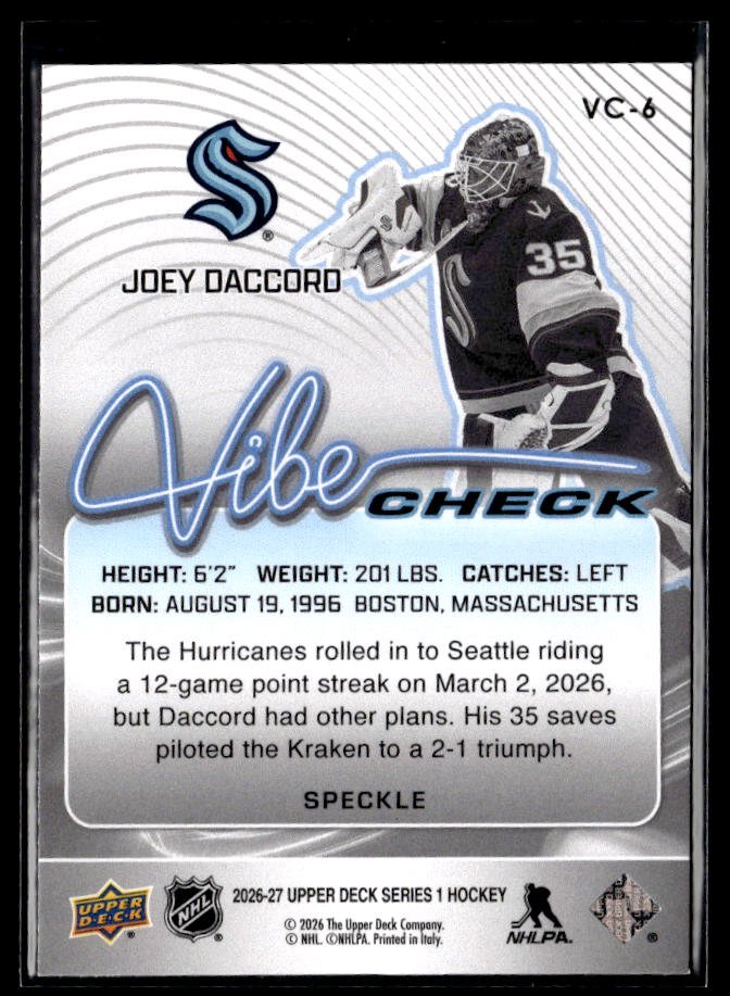 2026-27 Upper Deck Series 1 Hockey Vibe Check Speckle #VC-6 Joey Daccord (2)