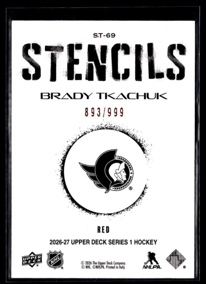 2026-27 Upper Deck Series 1 Hockey Stencils Red #ST-69 Brady Tkachuk /999 (2)