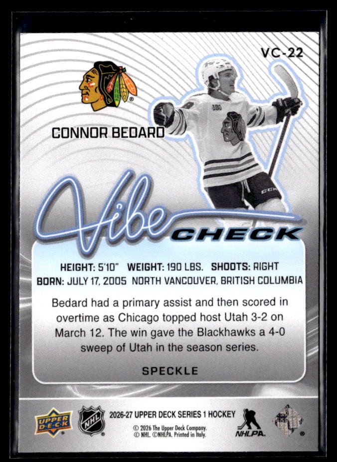 2026-27 Upper Deck Series 1 Hockey Vibe Check Speckle #VC-22 Connor Bedard (2)