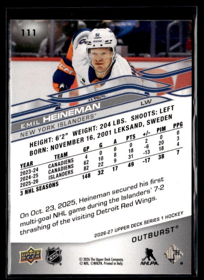 2026-27 Upper Deck Series 1 Hockey #111 Emil Heineman (2)