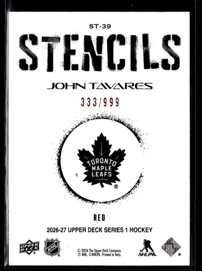 2026-27 Upper Deck Series 1 Hockey Stencils Red #ST-39 John Tavares /999 (2)