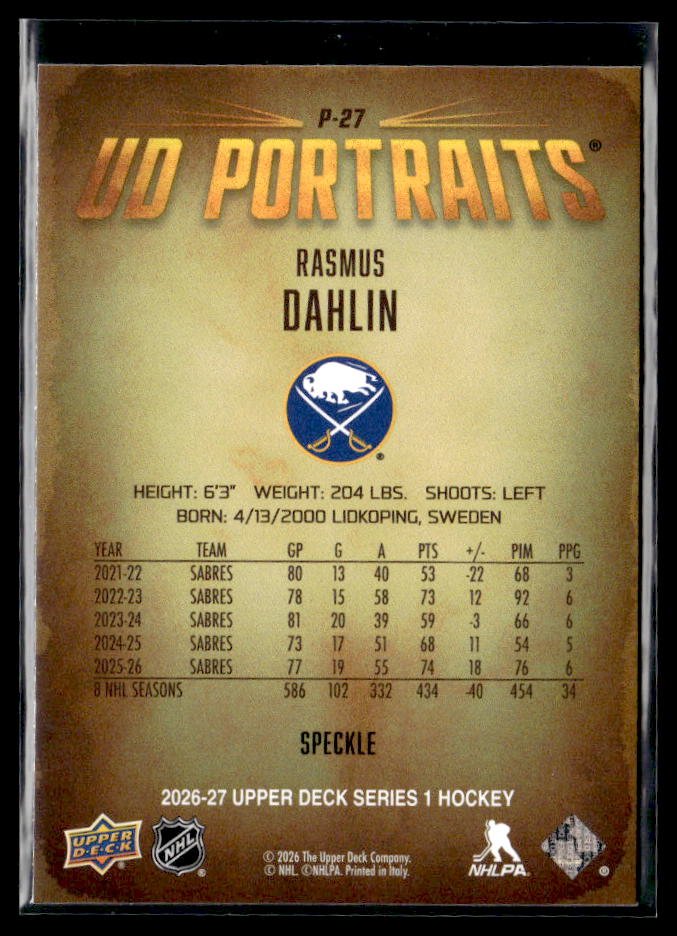 2026-27 Upper Deck Series 1 Hockey UD Portraits Speckle #P-27 Rasmus Dahlin (2)